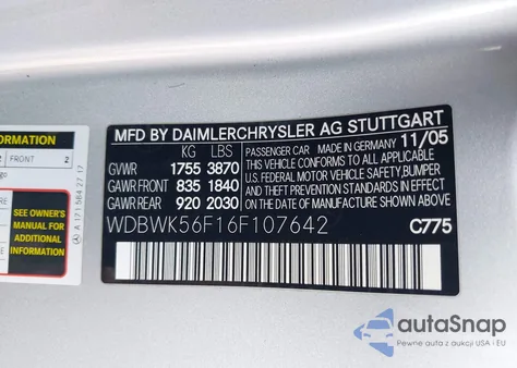 2006 Mercedes-Benz Slk 350 из США, поврежденный, VIN WDBWK56F16F107642